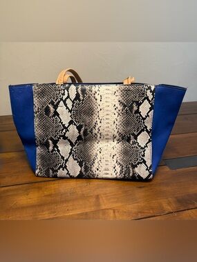 Neiman Marcus Blue Snakeskin Print Tote Bag Large Carryall Shoulder Bag